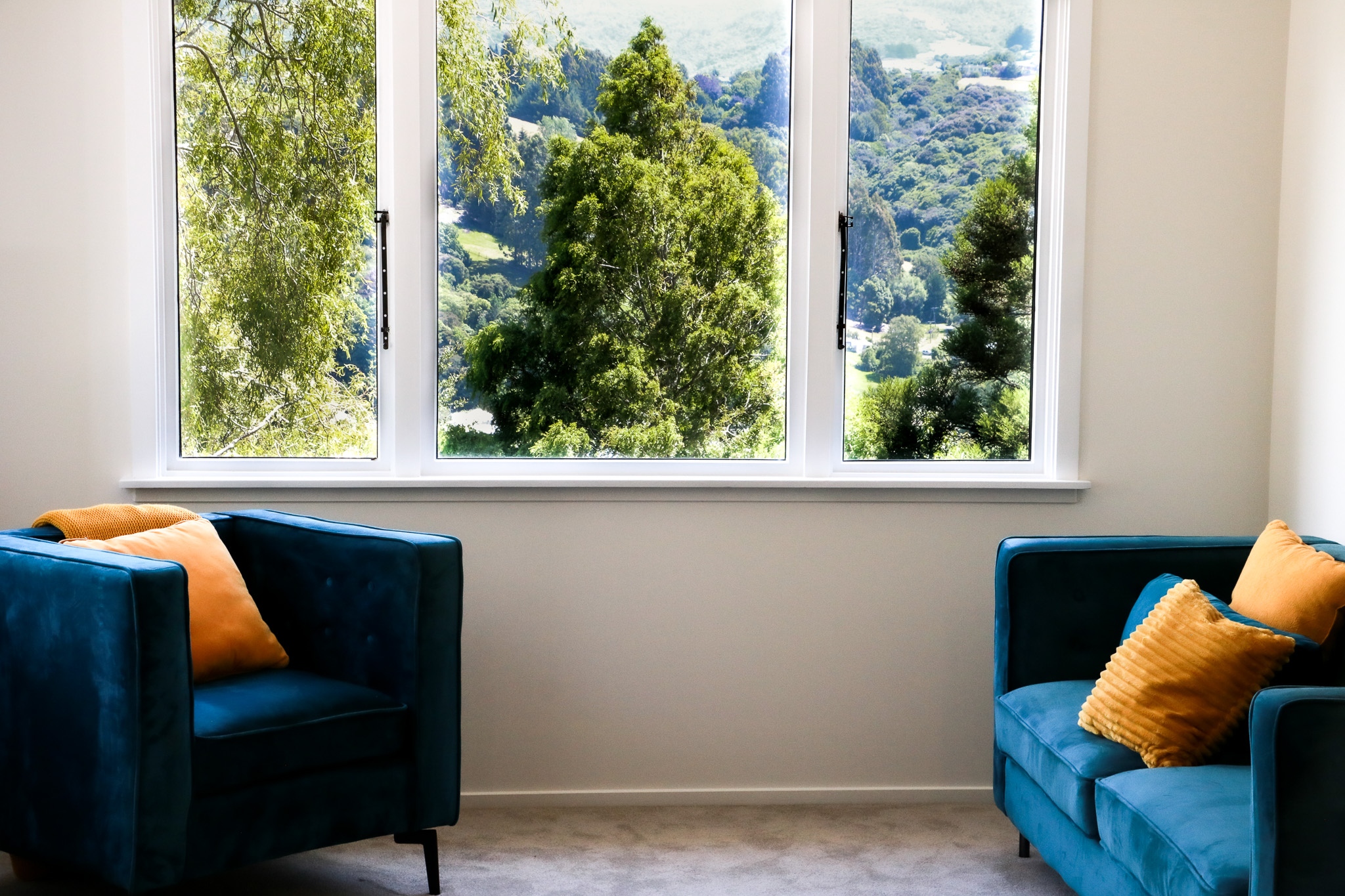 Blue armchair and two seater couch in a newly renovated living area